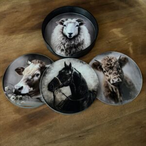 Set van 4 Glazen Onderzetters met Houder – Boerderij Dierenprint