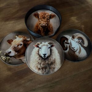 Set van 4 Glazen Onderzetters met Houder – Landelijke Dierenprint