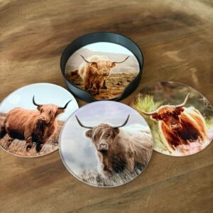Set van 4 Glazen Onderzetters met Houder – Schotse Hooglanders